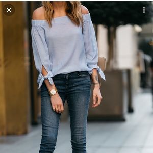 Ann Taylor Blue Off Shoulder Blouse Tie Sleeves Button-down Top
